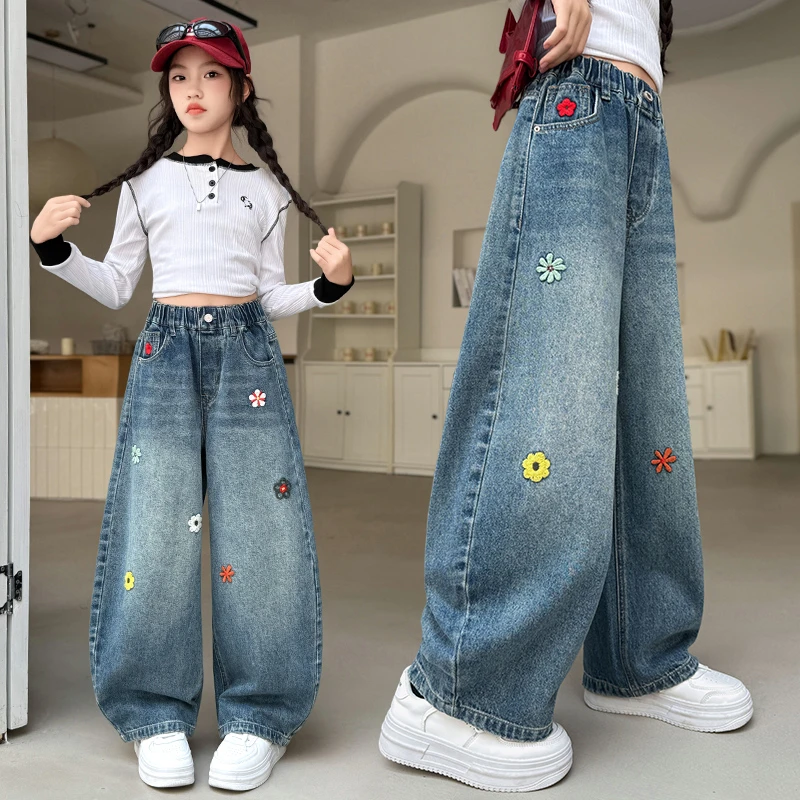 女童春秋花朵刺绣牛仔裤2025新款洋气中大童韩系百搭休闲直筒长裤