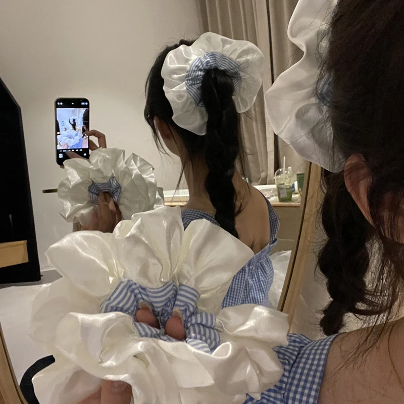 元气满满芭蕾风奶油缎面蓝色条纹大肠发圈女百搭发绳扎头发橡皮筋