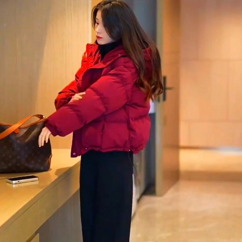高档2025小个子新年战袍安哥拉红连帽保暖棉服外套加绒裤子减龄两