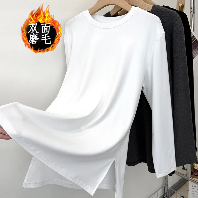 新款保暖女T恤下摆圆领中长款德绒网红洋气女生打底衫女内搭秋冬