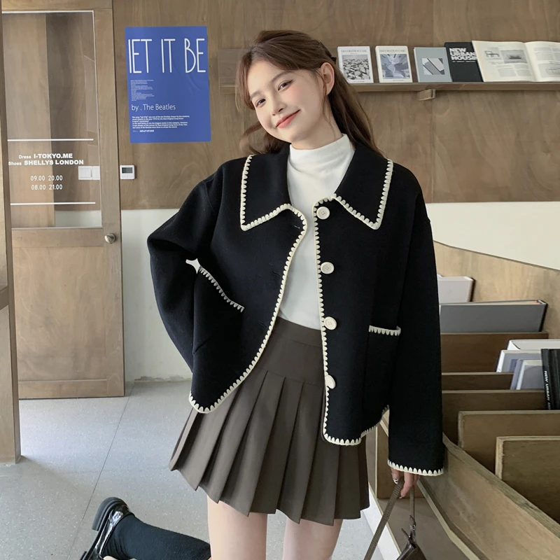 黑色小香风羊毛大衣女春秋新款韩版宽松小个子短款双面呢外套