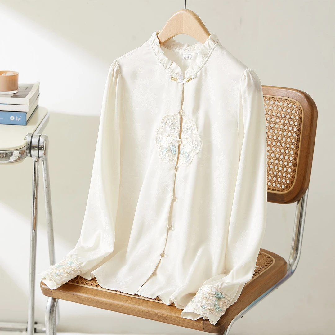棉茧 新中式国风刺绣衬衫女重工花卉刺绣珠饰设计盘扣唐装上衣