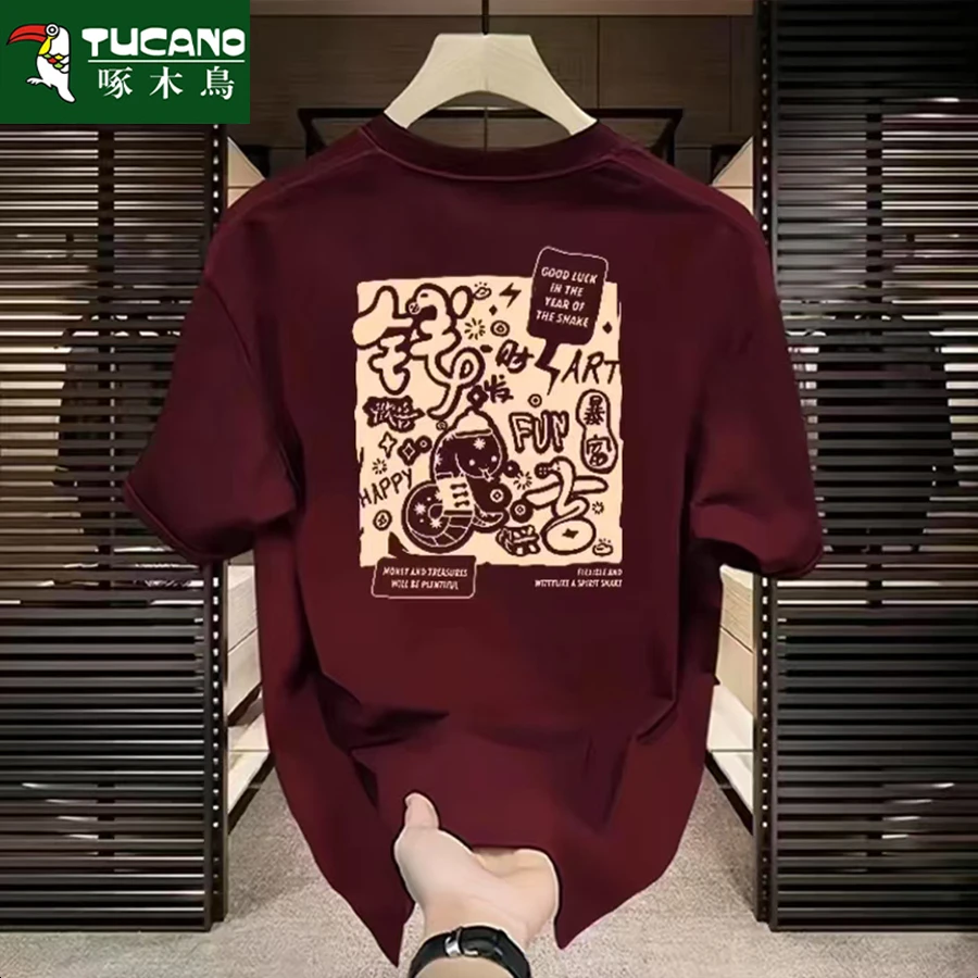 啄木鸟重磅纯棉短袖T恤男士夏季新款2025爆款休闲时尚印花圆领T恤