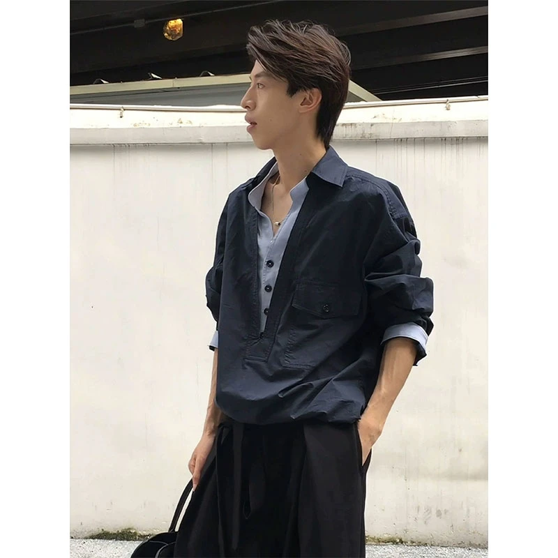 藏青色假两件衬衫男长袖高级松弛感V领衬衣小众痞帅翻领工装外套
