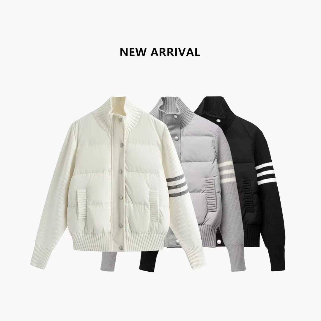 【1203】新款翻领针织拼接保暖羽绒服女2024冬季时尚休闲百搭保暖