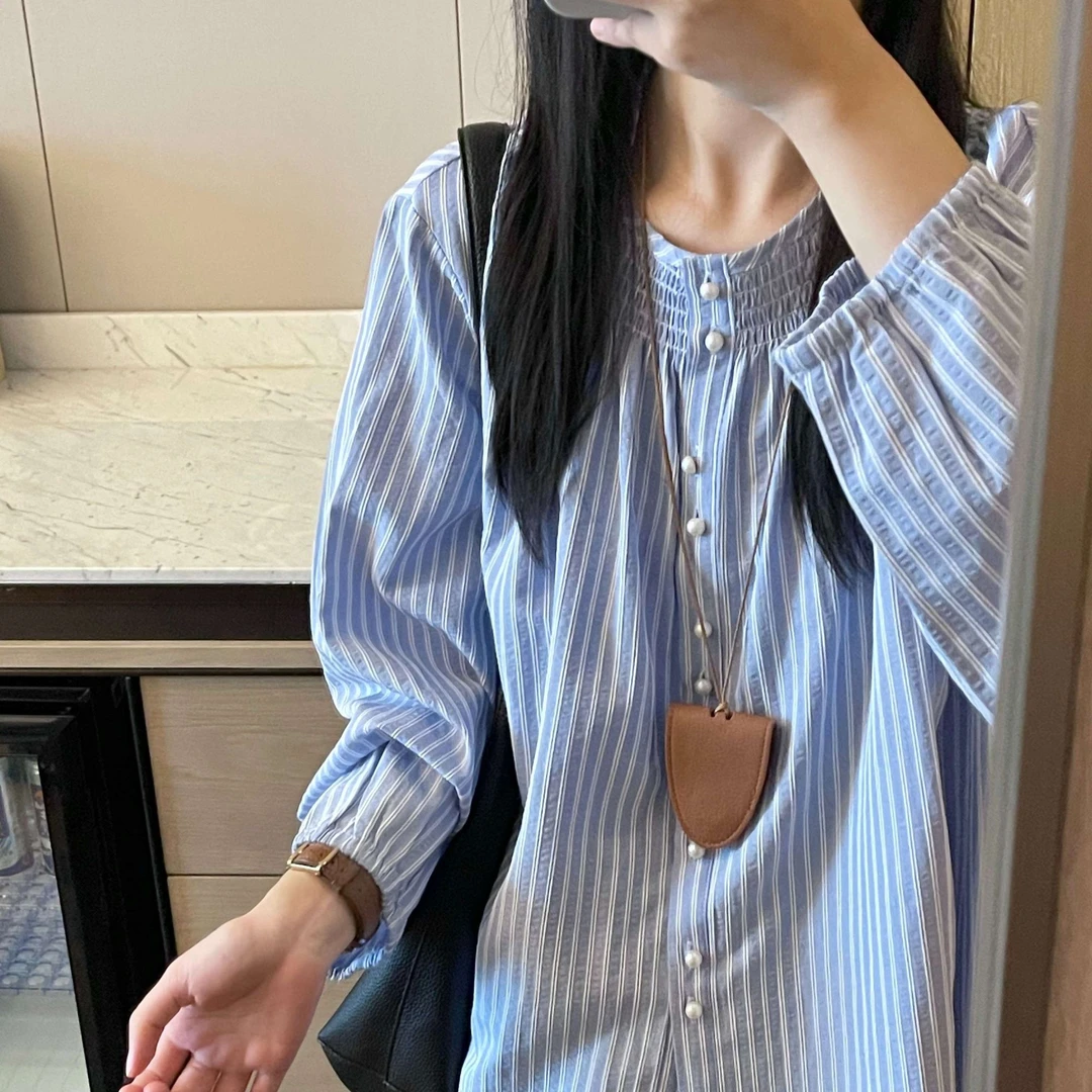 法式纯棉独特竖条纹衬衫女秋季流行穿搭2025年新款高级感chic上衣