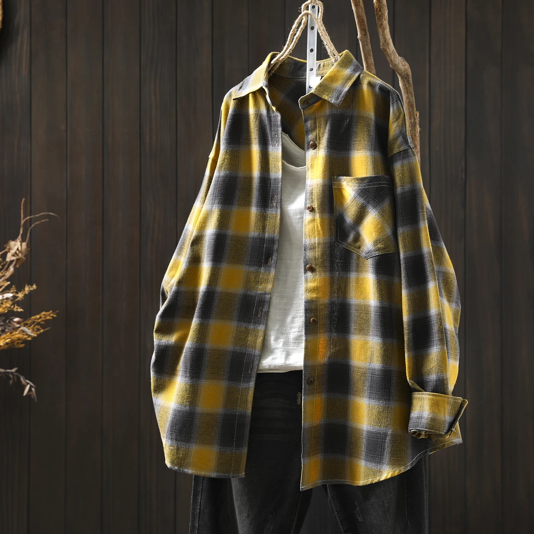 纯棉格子衬衫外套女长袖宽松大码2025秋季新休闲百搭外搭开衫上衣