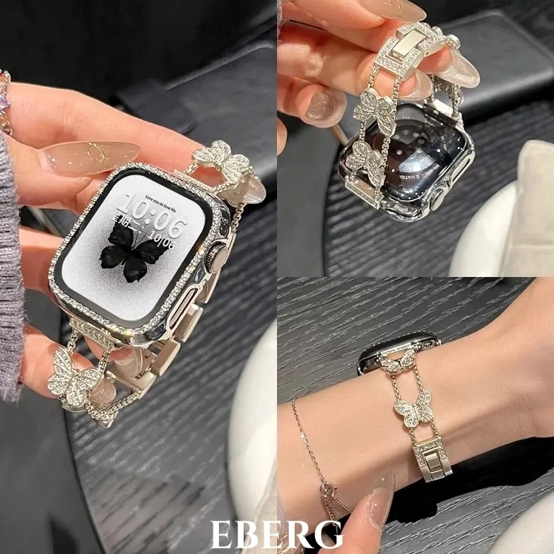 适用小米手环10pro/9pro闪钻蝴蝶手表带红米watch5女款金属链夏天