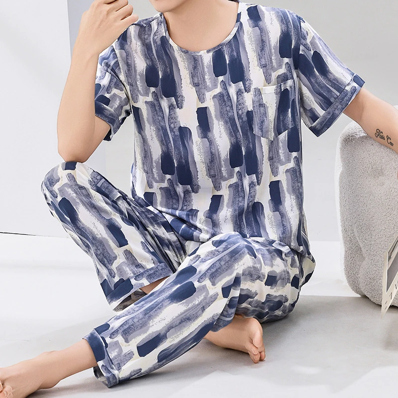 Baldauren新款棉绸家居服印花人造棉男士睡衣短棉绸睡衣女款套装