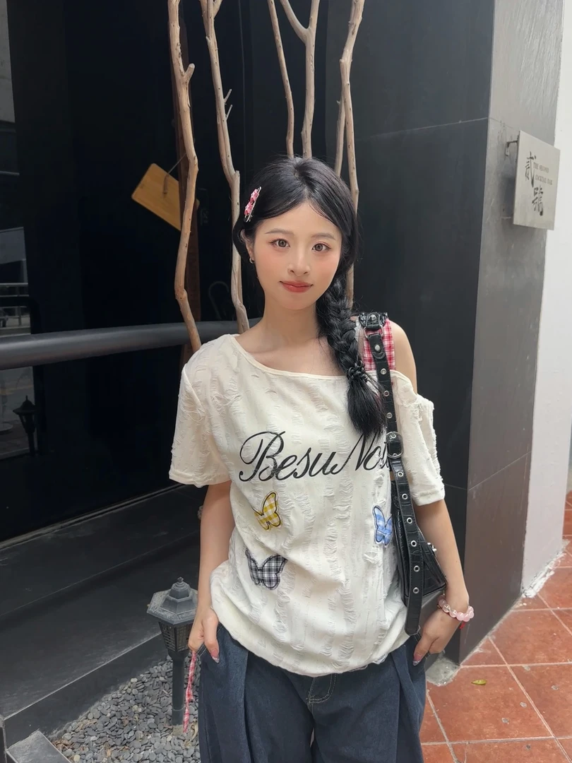 【奶茶夏季上新合集】辣妹露肩百搭气质不规则设计感修身短袖上衣