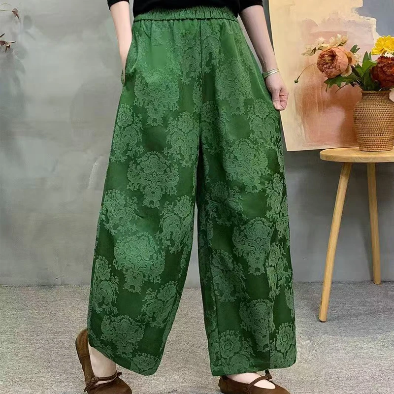 秋季提花新中式休闲裤休闲复古直筒裤阔腿裤印花时尚长裤百搭国风