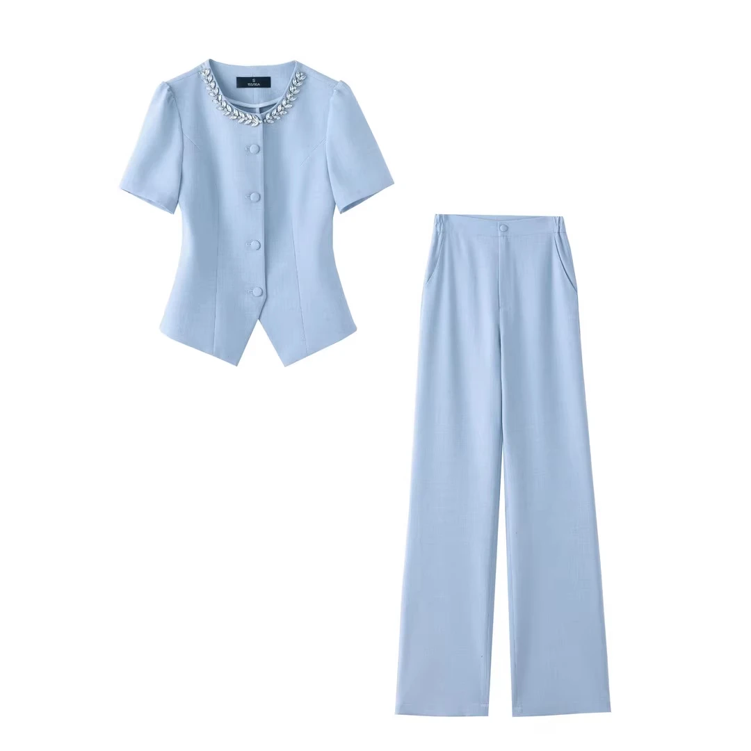 蓝色西装套装女高级感时尚气质短袖夏季薄款轻奢百搭气质小西服潮