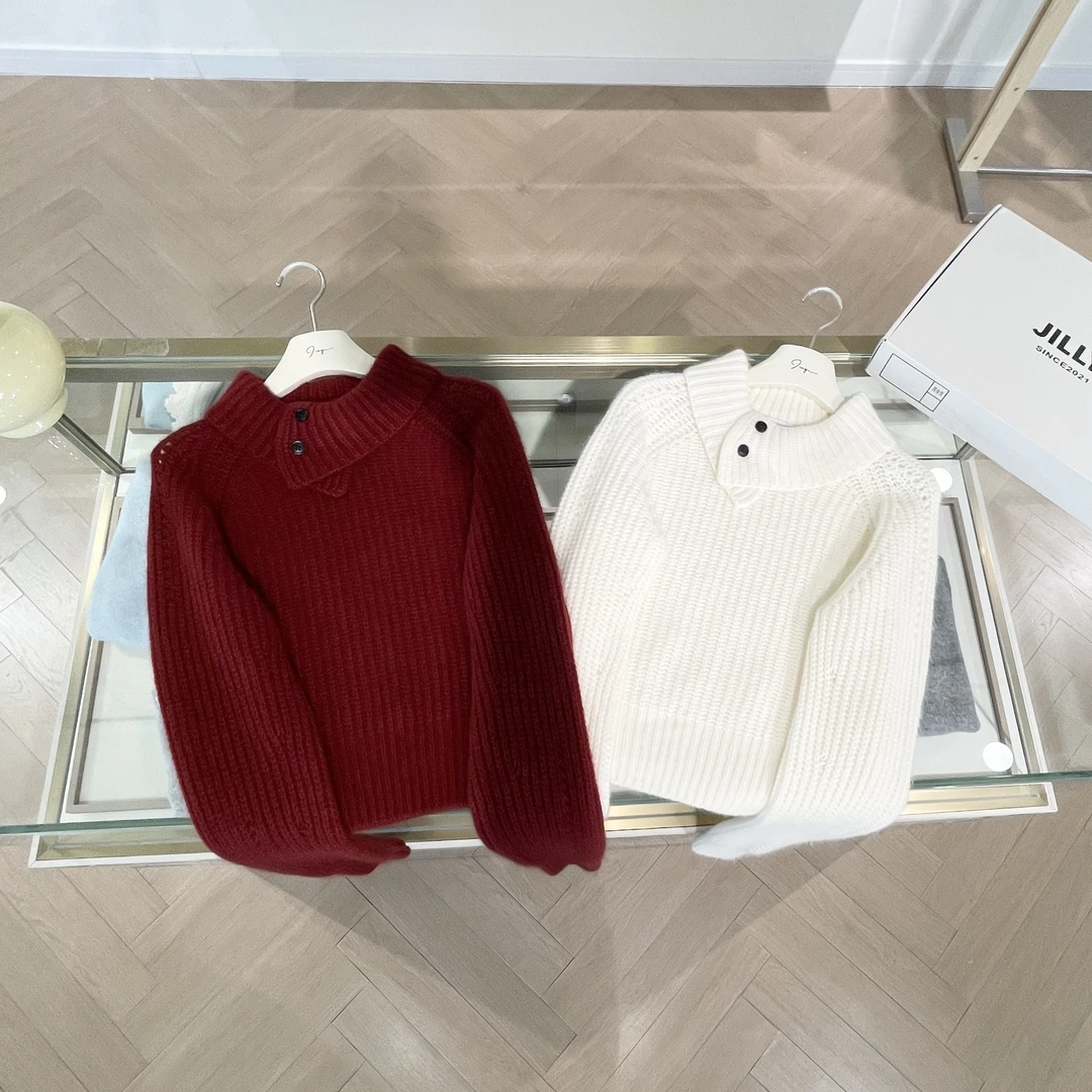 JILLYI【绯月颂歌】红白两色围脖领休闲风时尚百搭针织衫