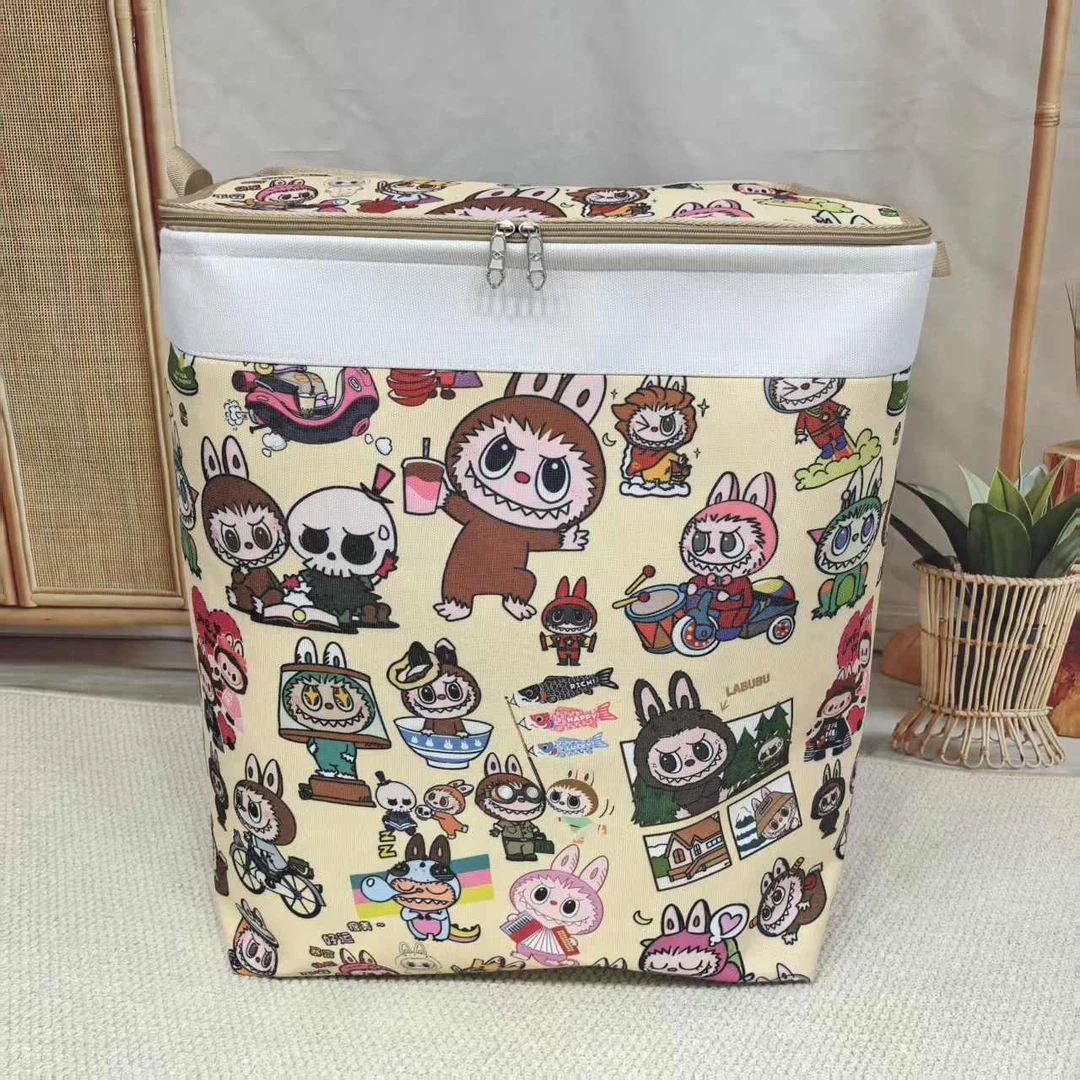 120L拉链衣物棉被家纺存放双拉链帆布布料收纳筐储物蓝色防水印花