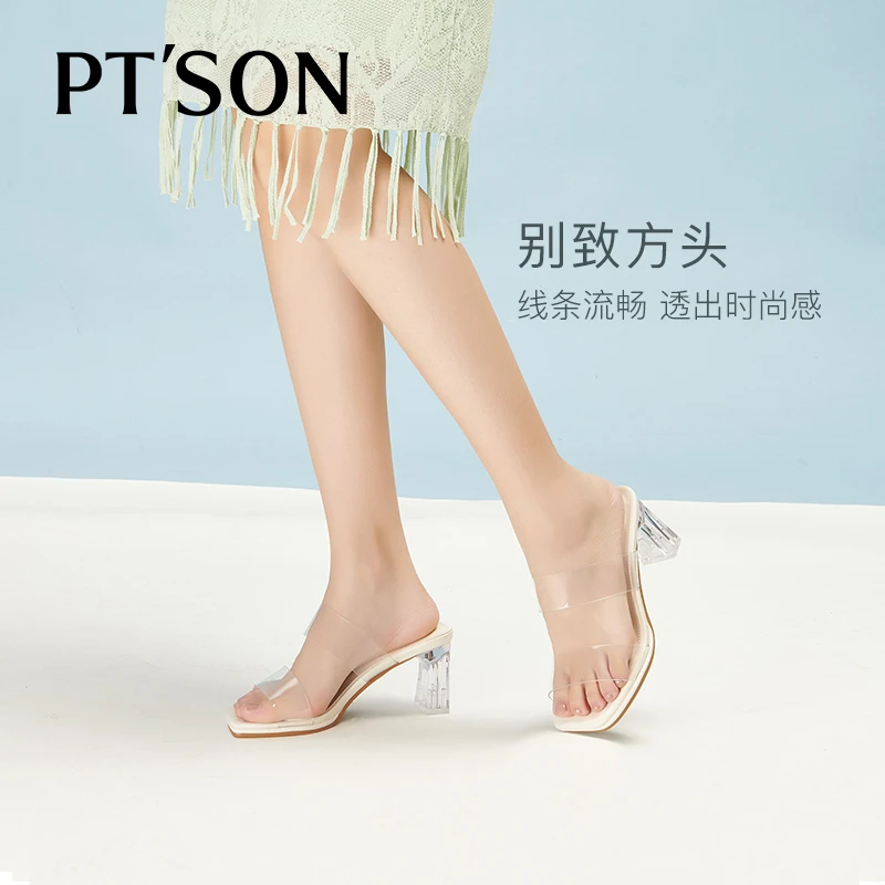 【百田森PT SON】PSY23539水晶拖鞋女粗跟百搭舒适性感气质网红拖鞋