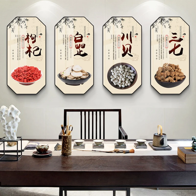 中医药材装饰画中医药店背景墙挂画中草药药材养生馆药膳宣传壁画