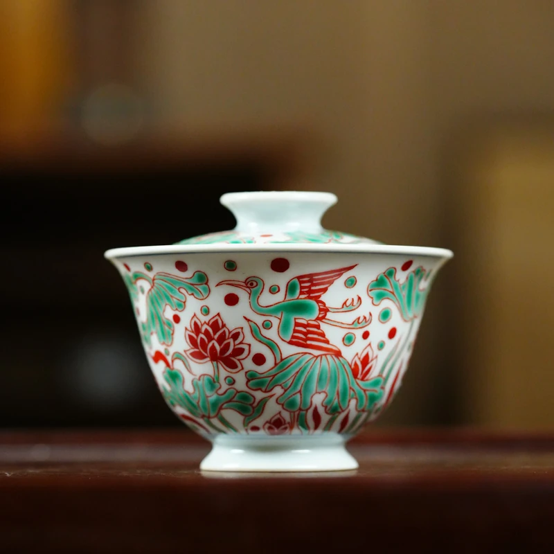 红绿彩一鹭连科盖碗(翁宿底款)(翁宿S0210)