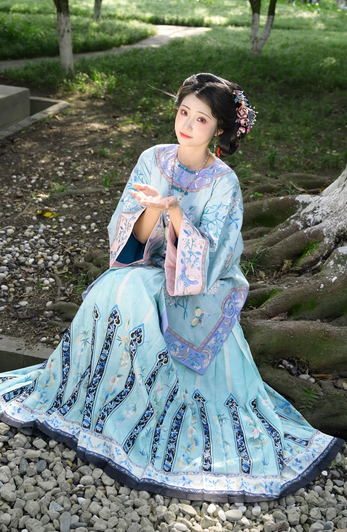 知衣传统服饰  印花清代元素百褶裙 国风新中式日常通勤裙子