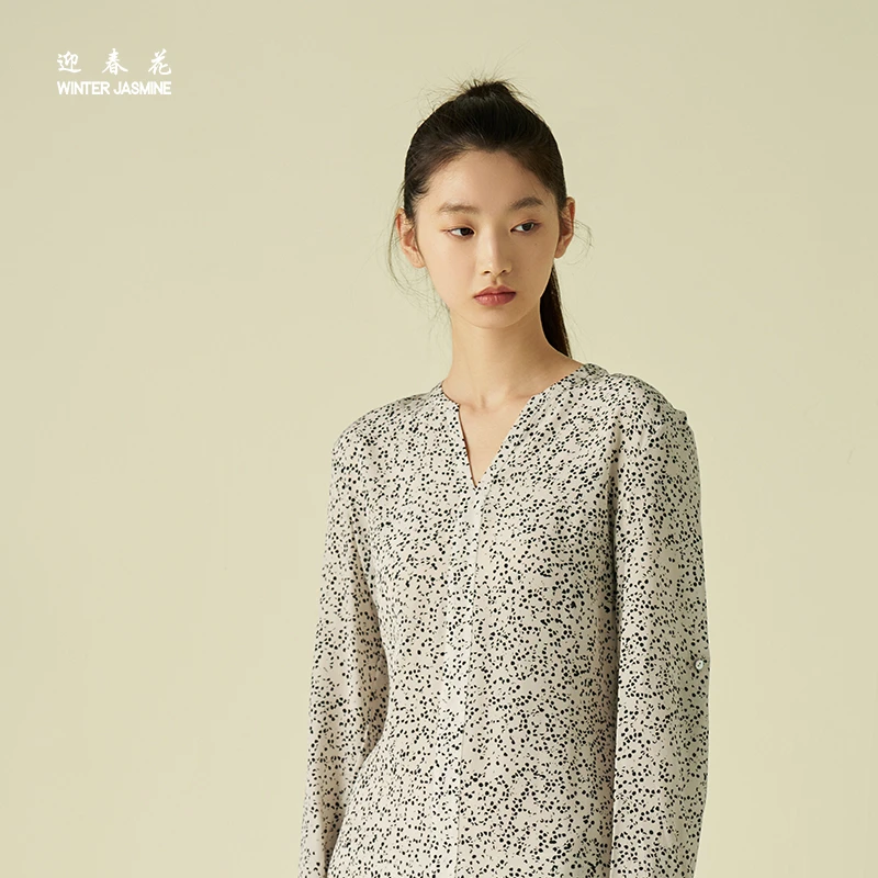 联名系列』桑罗&迎春花真丝连衣裙波点长袖裙休闲宽松版女21423101
