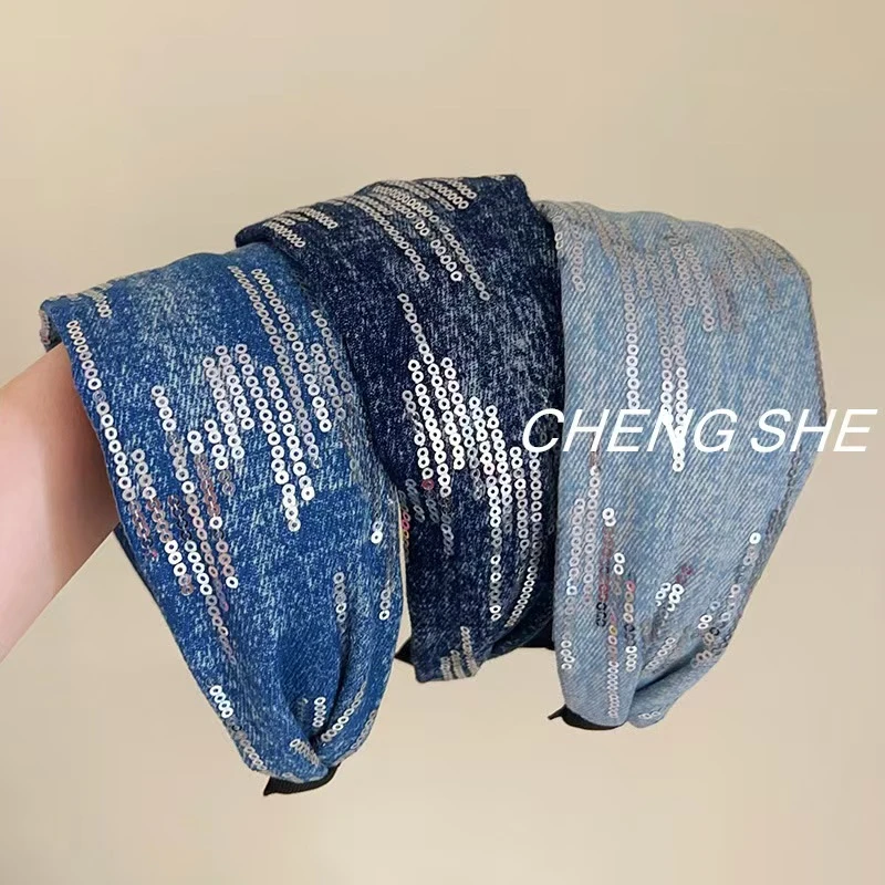 时尚ins风布艺牛仔宽面发箍潮流气质百搭头箍高级感设计发饰女b