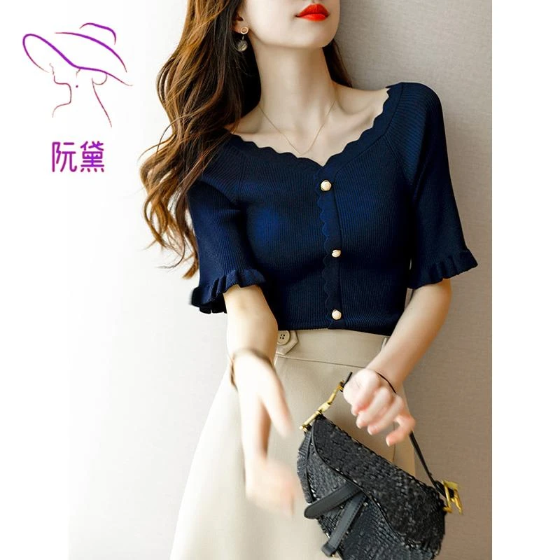阮黛2025年夏季时尚新款小香风气质花边v领打底短袖针织衫上衣夏