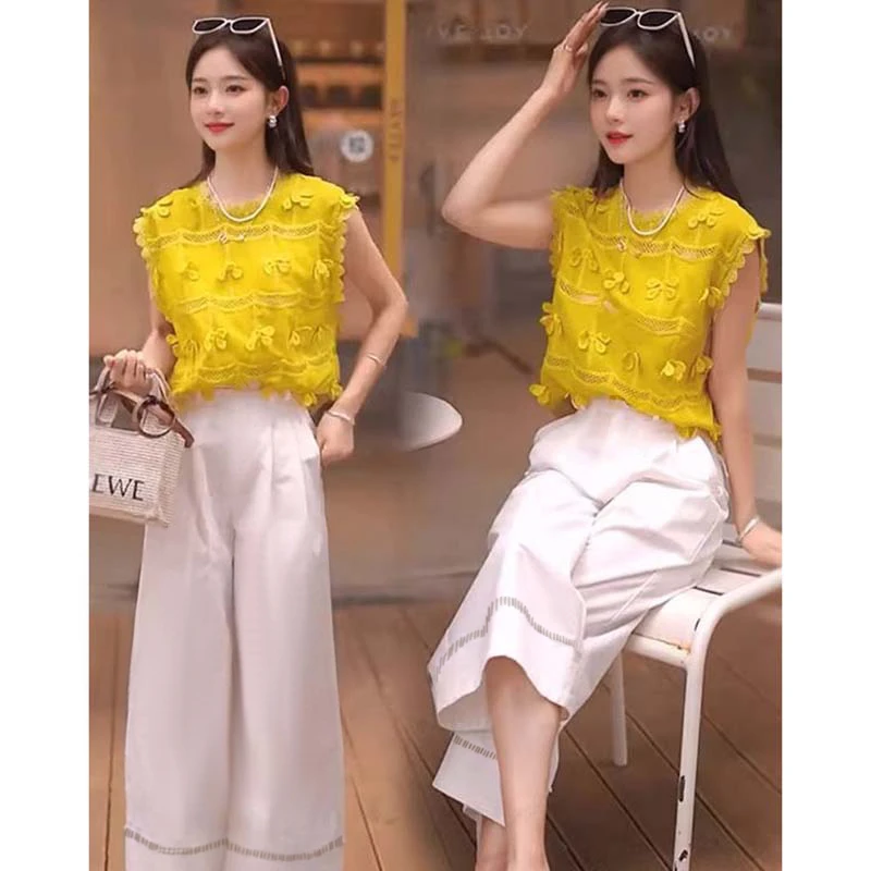 【两件套】2025夏季蕾丝背心马甲上衣+百搭直筒阔腿休闲裤D2783