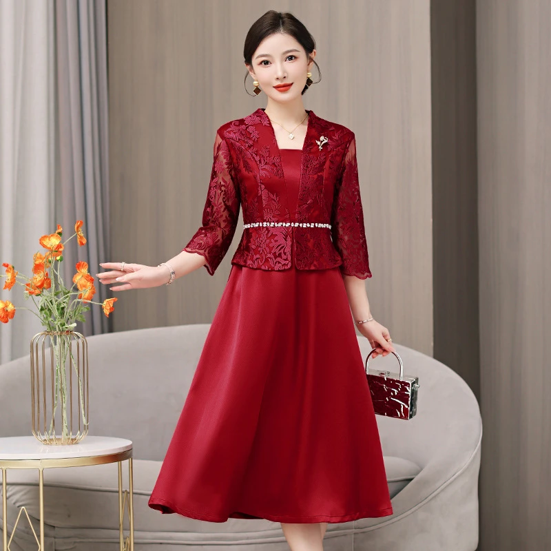 喜婆婆婚宴装礼服中长款裙2025秋季新款重工烫钻酒红色新娘连衣裙