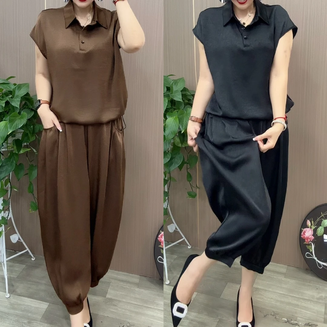 高档两件套装女2025夏季新款时尚妈妈装上衣裤子洋气减龄宽松显瘦