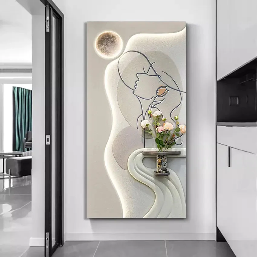 奶油风入户玄关装饰画水培绿植立体砂岩走廊过道尽头挂画客厅壁画