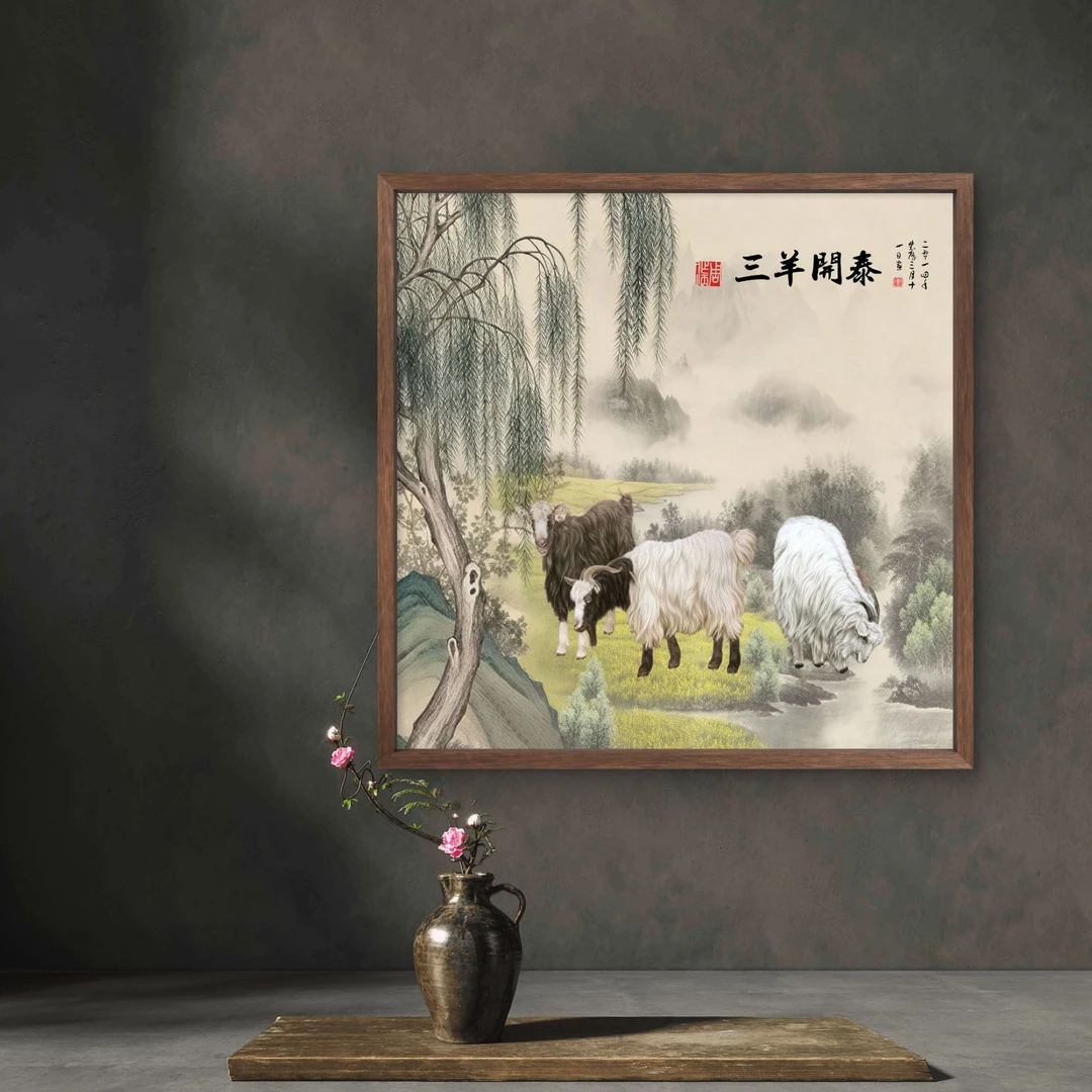 9916-50*50三阳开泰中式装饰画木框玄关书房茶室客厅挂画