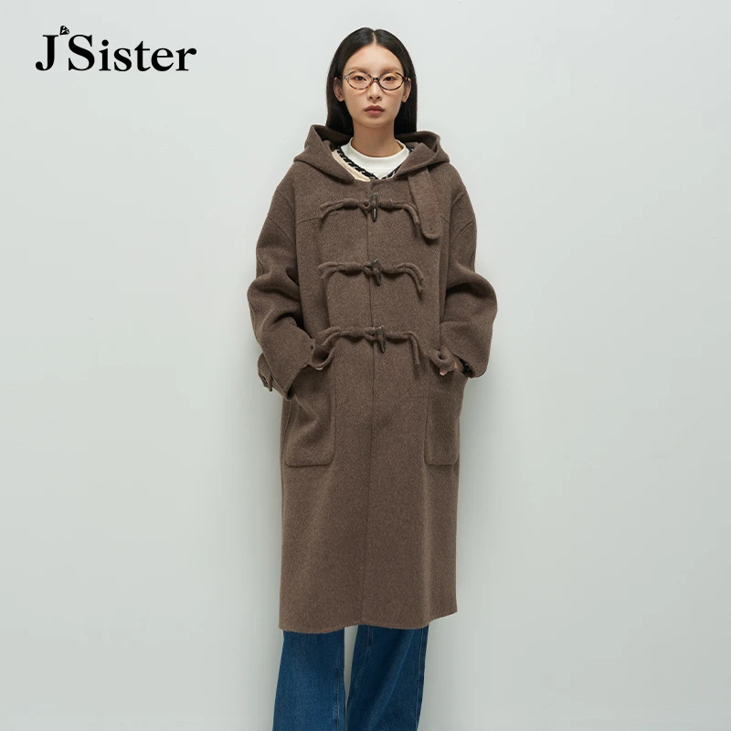 5719【李易行】jsister 冬季新品 JS女装时尚牛角扣 双面呢外套女