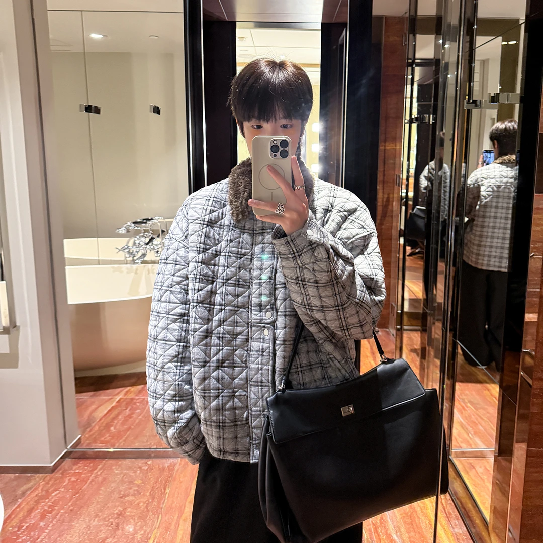 高林凡 毛领拼接撞色格子毛领连帽夹克棉服男女同款加厚棉衣外套