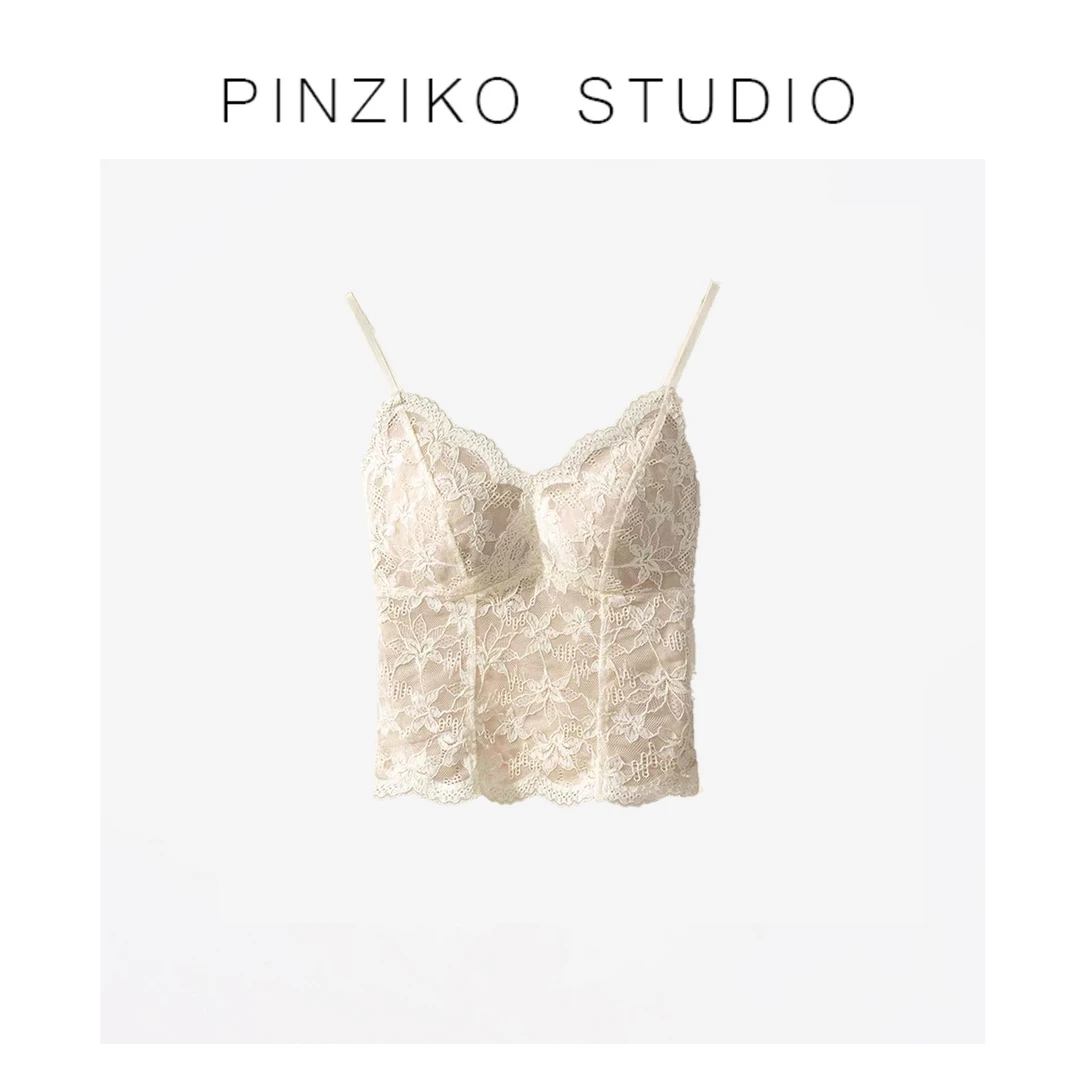 pinziko蕾丝吊带~秋冬蕾丝带胸垫百搭时尚休闲宽松V领背心TJF545