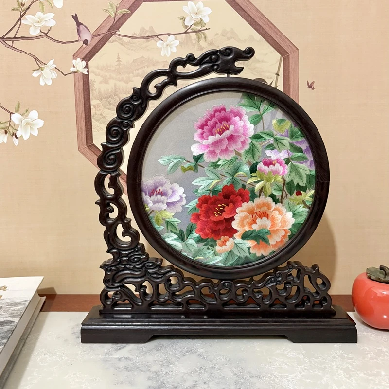 手工苏绣刺绣成品摆件摆台台屏双面绣实木桌面橱柜出国装饰品国风