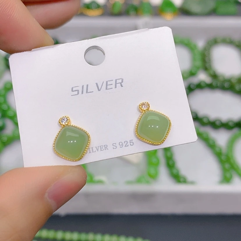【闪购商品】和田玉耳饰银S925镀金镶嵌