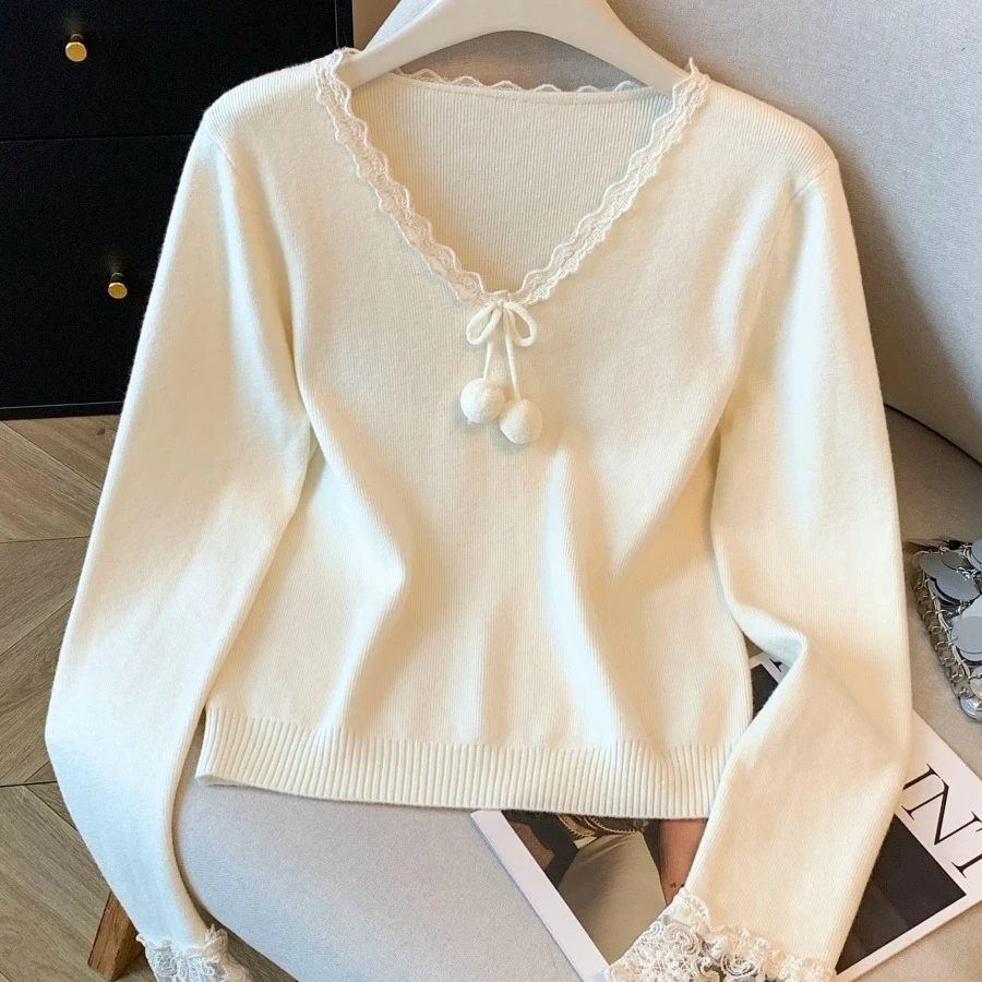 V领蝴蝶结拼接蕾丝针织衫女2025秋冬新款温柔甜美百搭打底衫上衣