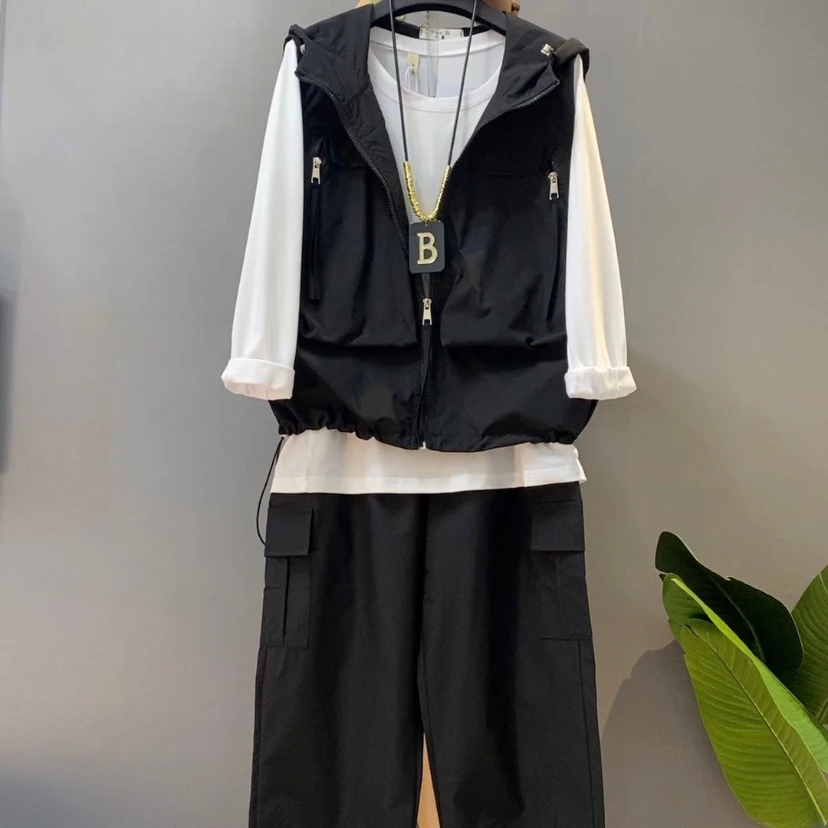 秋季新款休闲百搭时尚减龄连帽马甲裤子遮肚通勤胖美美时尚套装潮