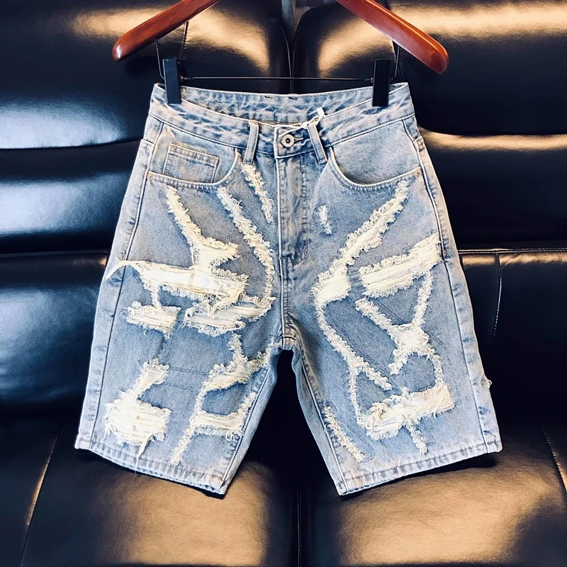 宽松款高品质浅蓝色牛仔短裤男2025夏季美式潮牌痞帅破洞五分中裤