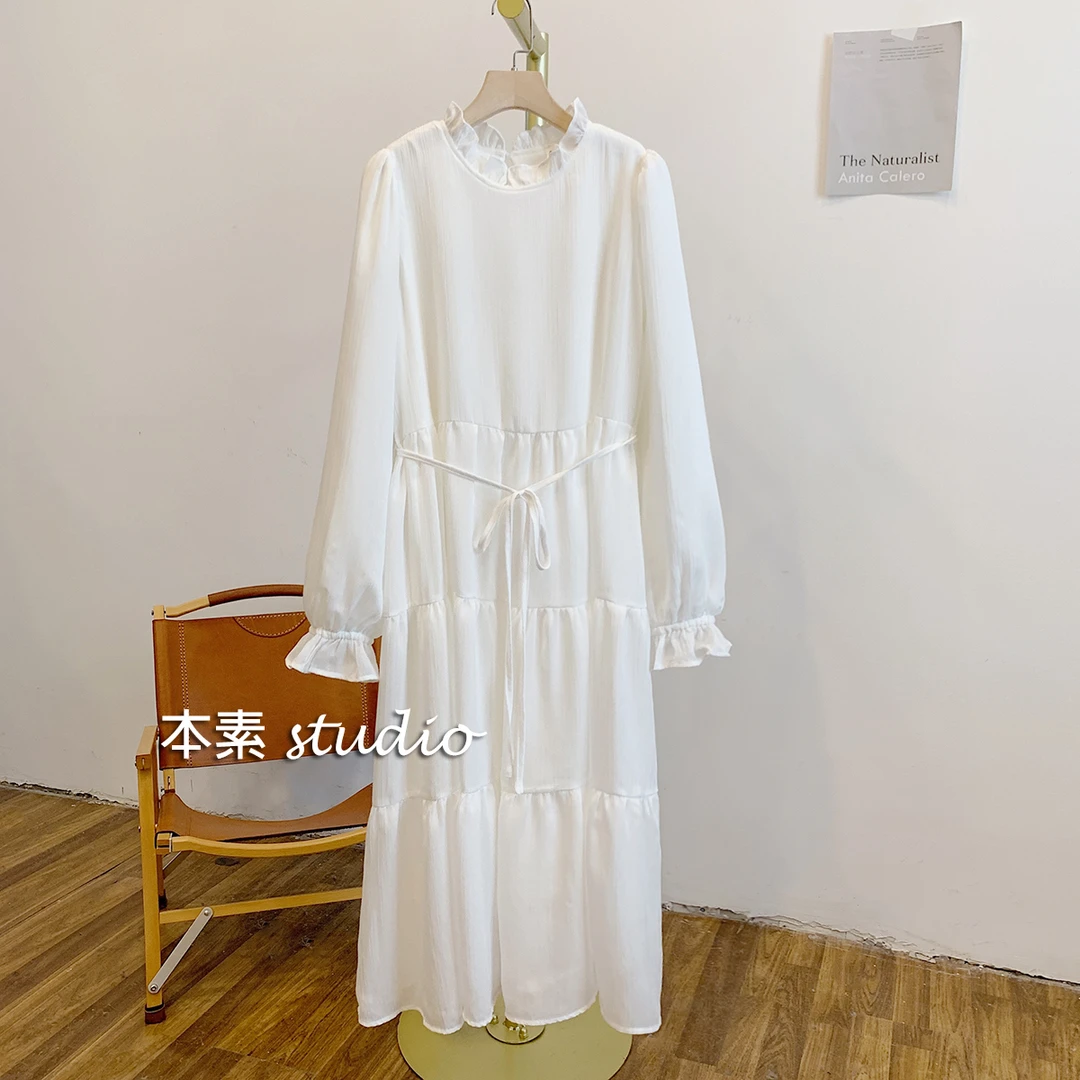 C2532加绒腰部系带木耳边立领连衣裙