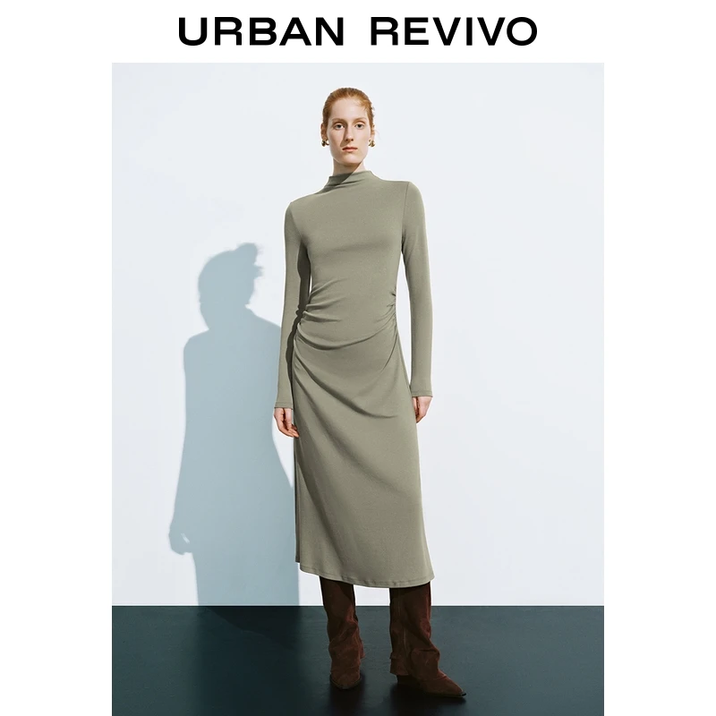 UR2025冬季新款女装气质简约褶皱修身连衣裙UWM750106