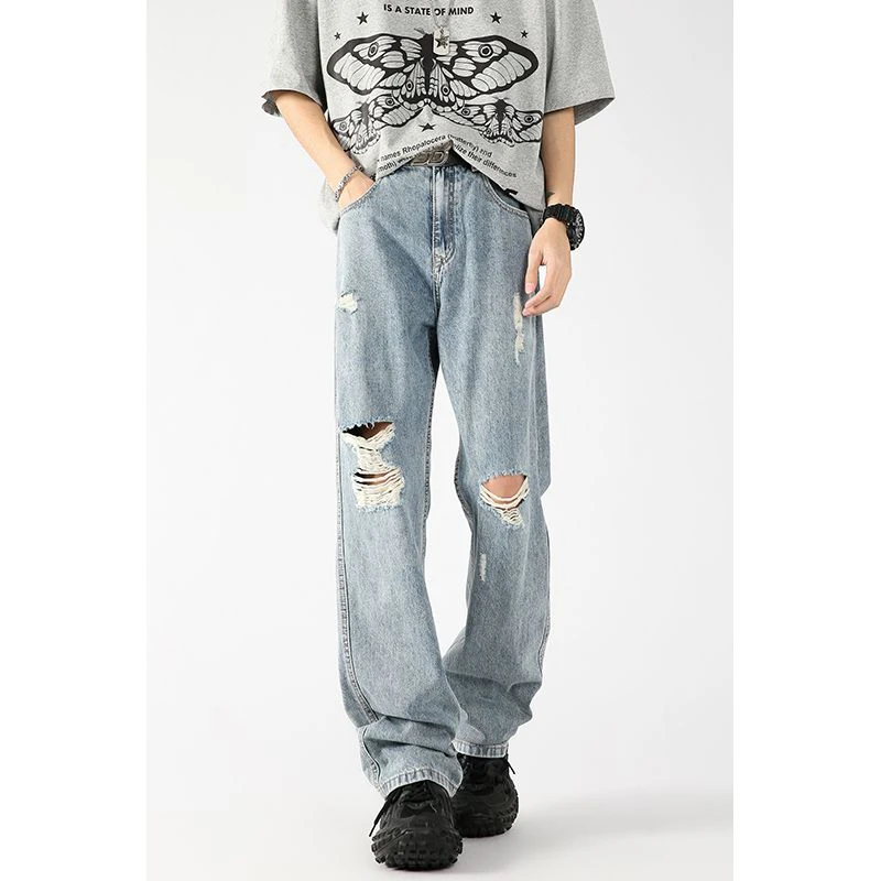 夏季轻薄垂感透气雪花水洗浅色薄款美式潮牌宽松直筒破洞牛仔裤男