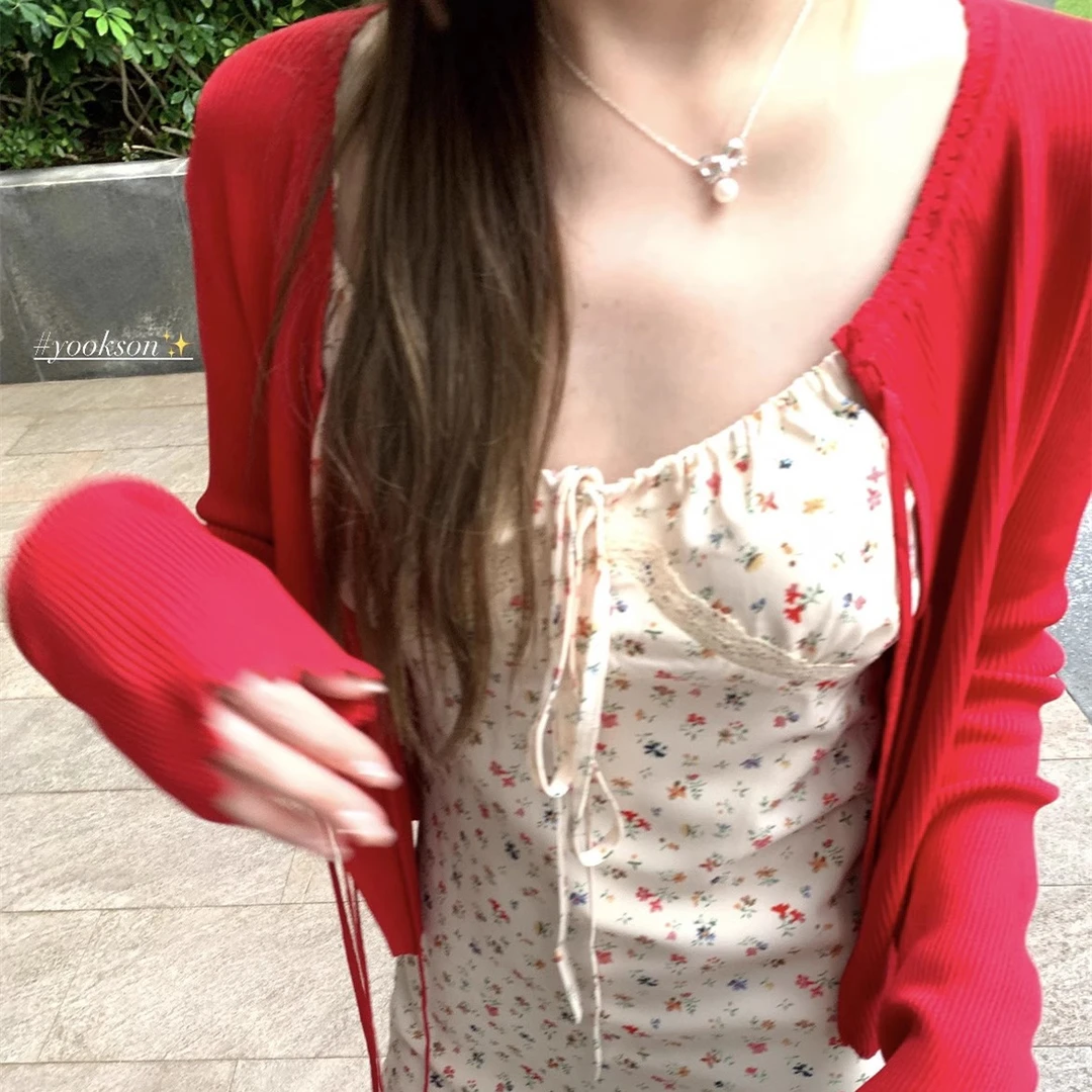 春日小衫 三色闭眼入 女春短款显瘦绑带花边针织开衫