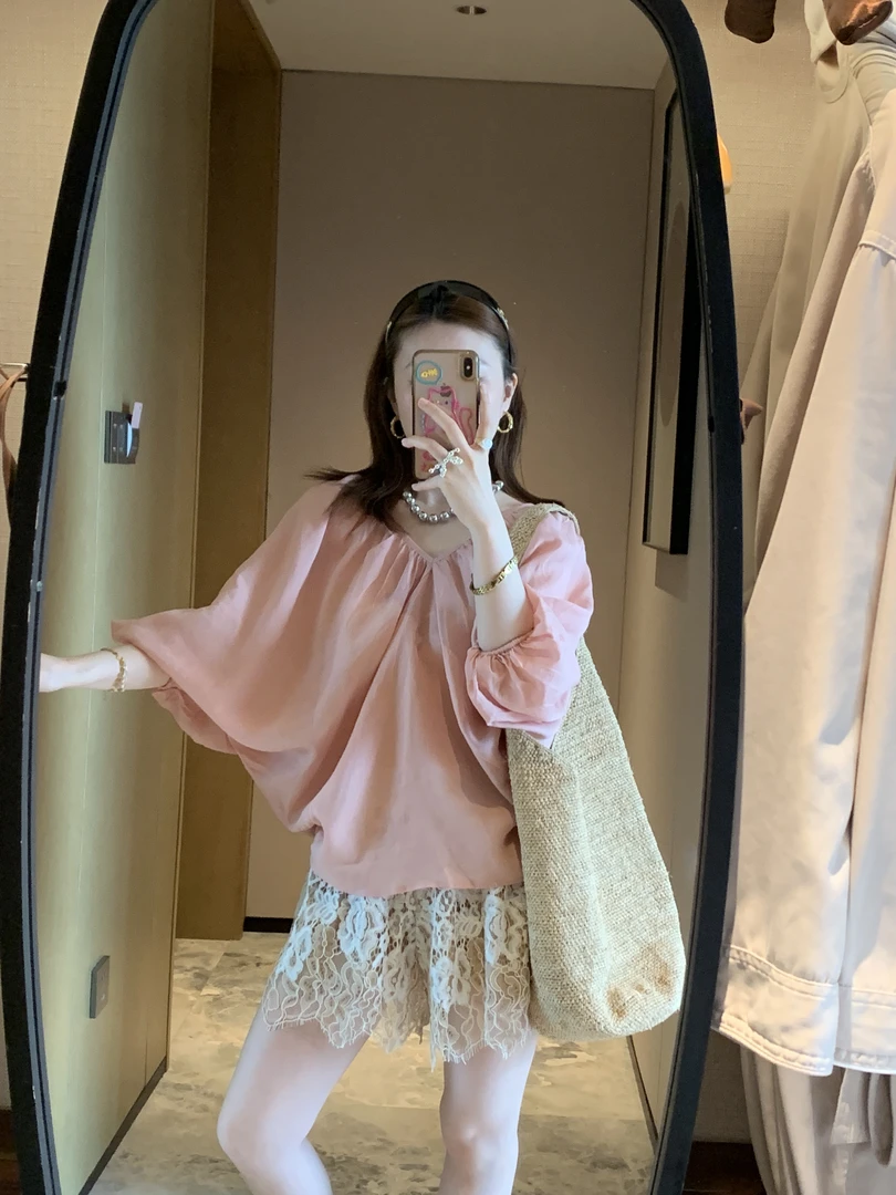 韩系新款纯色气质V领休闲百搭短袖宽松上衣