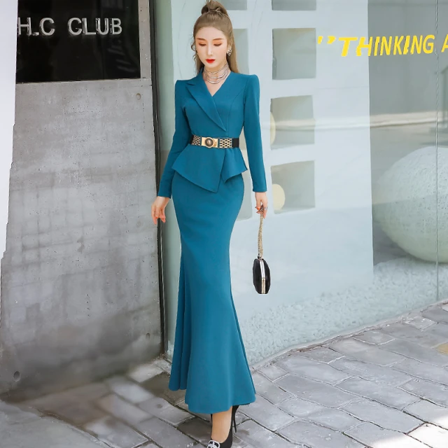 秋冬气质荷叶边鱼尾裙职业女装OL西装领洋装长袖修身包臀长裙子