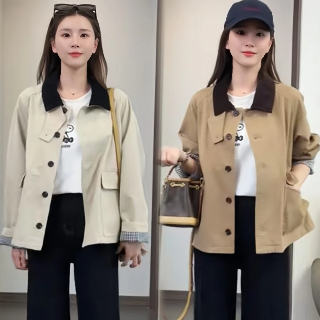 小个子休闲气质拼接短款长袖风衣外套女2025秋季新款洋气宽松外套