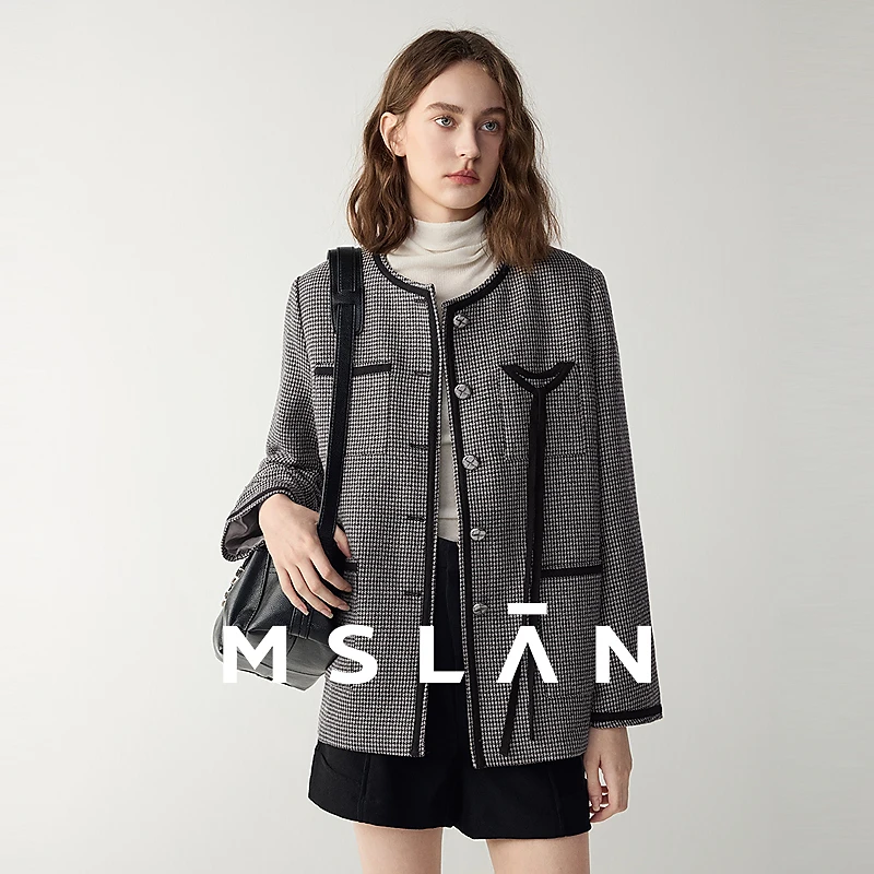 MSLAN【商场同款】秋季小香风复古黑白格子新款粗花呢外套MFCE2510