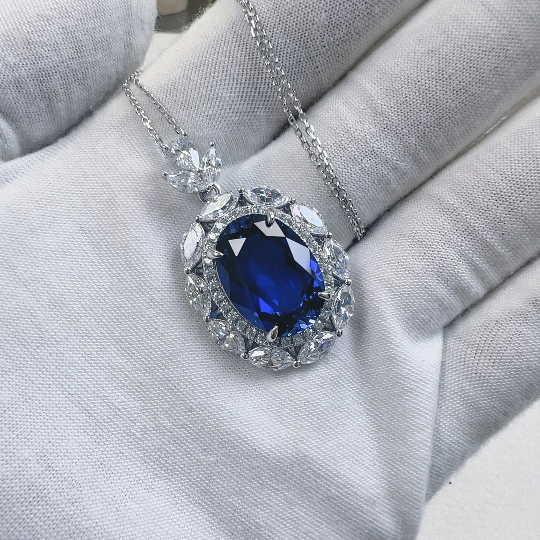 培育蓝宝石S925银镶嵌项链吊坠P3-0015