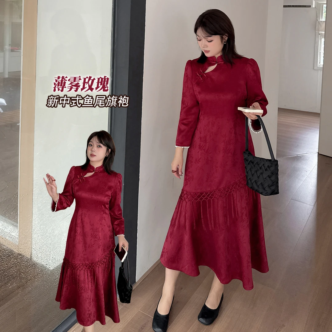 大码胖MM新中式改良红色连衣裙