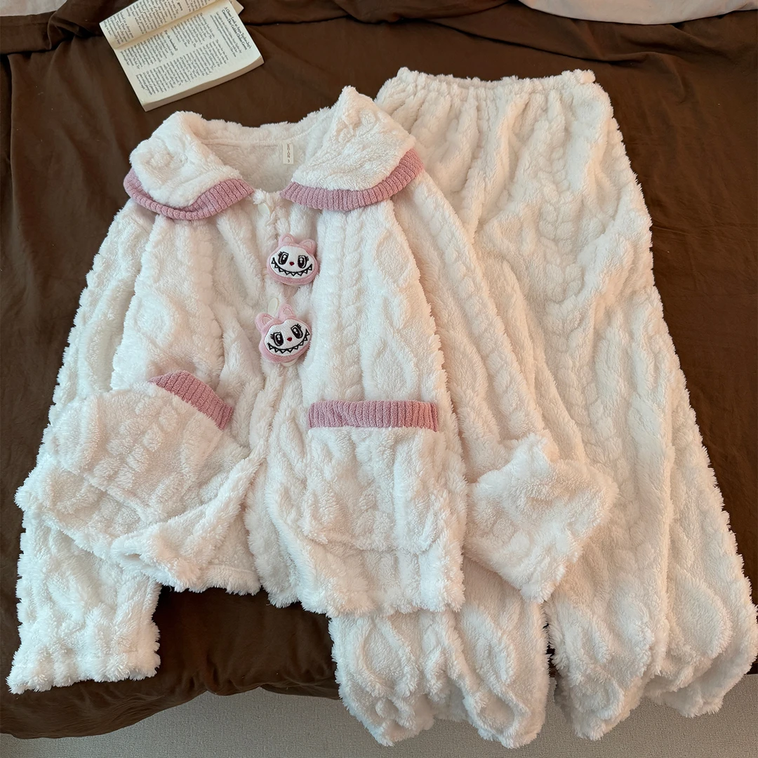 网红ins睡衣女新款冬季加绒加厚粉色拉布布珊瑚绒开衫保暖家居服