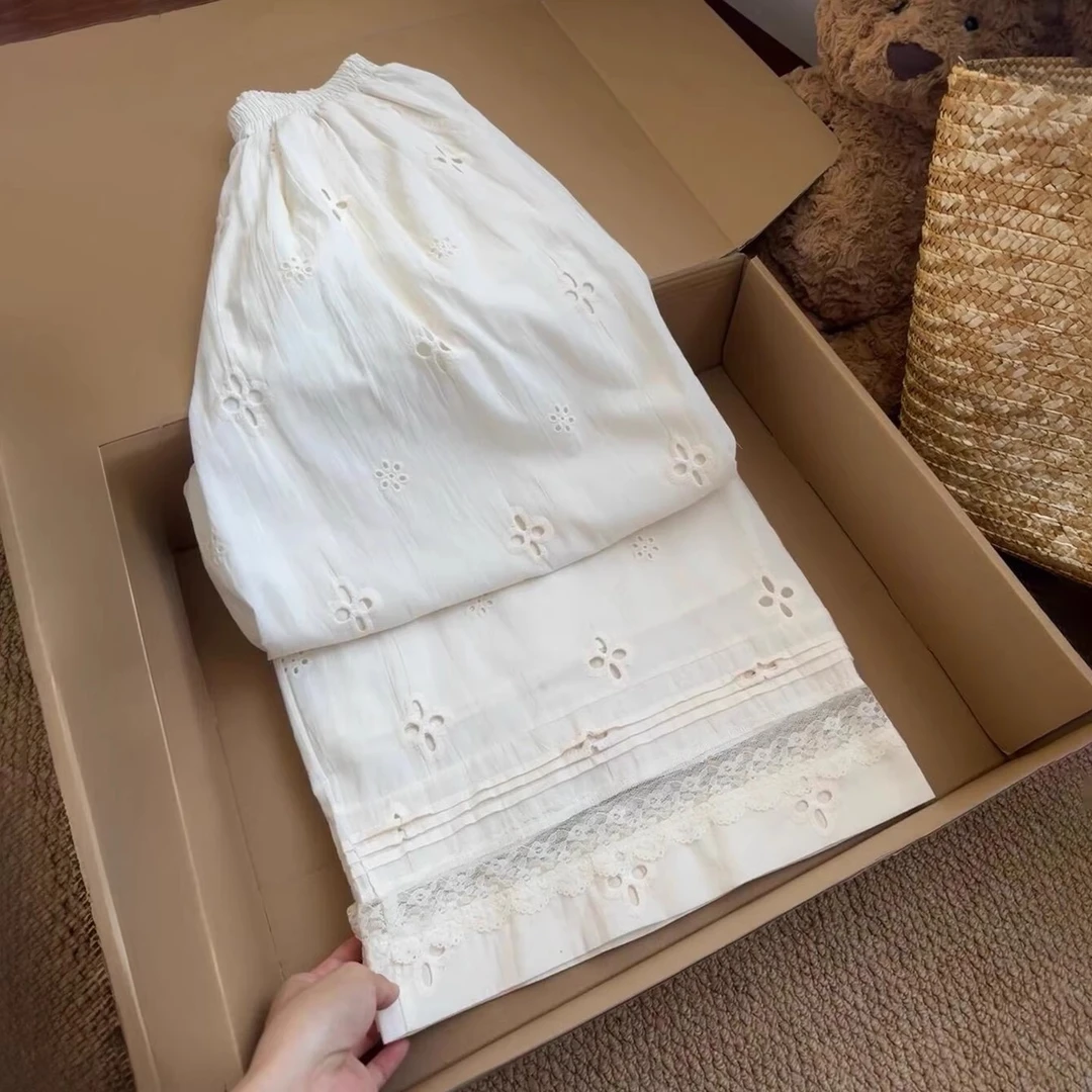 蕾丝镂空绣花阔腿裤女夏季薄款梨型身材慵懒风宽松显瘦休闲九分裤